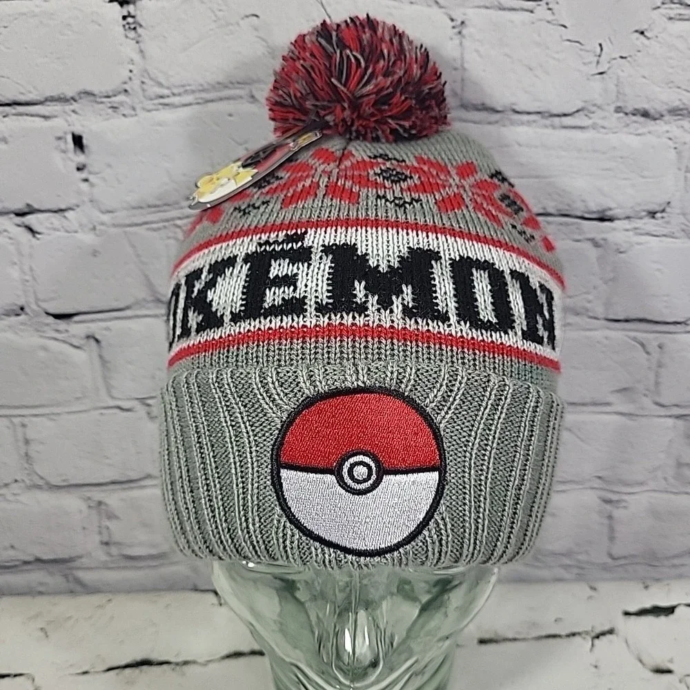 Pokemon‎ Pokeball Bioworld Beanie Cap Fair Isle Pompom Gray Ski Cap O/S Ages 14+